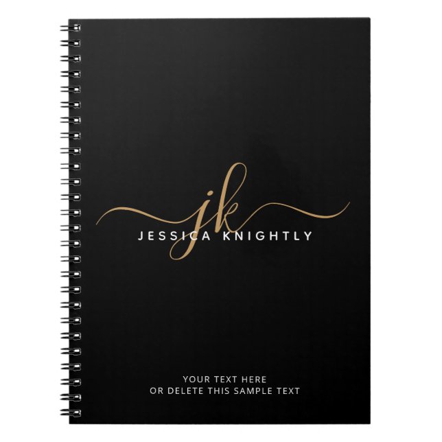 Modern Elegant Script Monogram Initialer Black Gul Anteckningsbok (Framsidan)