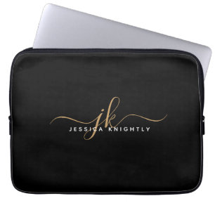 Modern Elegant Script Monogram Initialer Black Gul Laptop Fodral