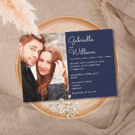 Modern Elegant Script Navy Blue Photo Wedding Inbjudningar