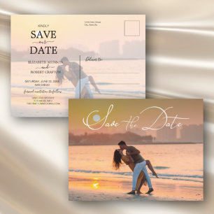 Modern Elegant Script Photo Bröllop spara datum Meddelande Vykort