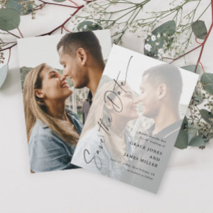 Modern Elegant Script Photo Bröllop Spara Datumet