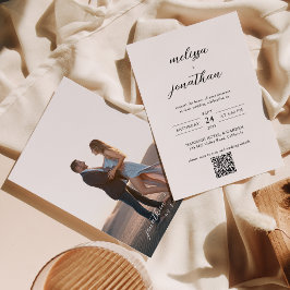Modern Elegant Script Photo QR-Osa Bröllop Inbjudningar