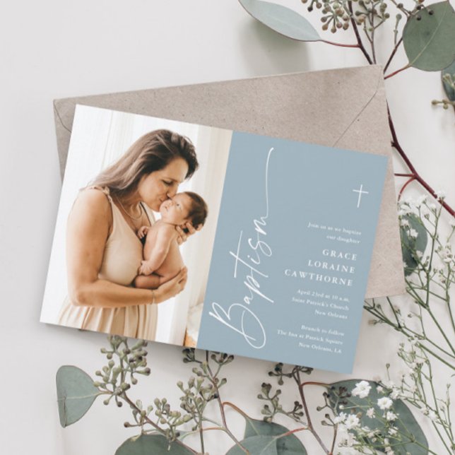 Modern Elegant Script Pojkar Foto Dop Inbjudningar (Skapare uppladdad)