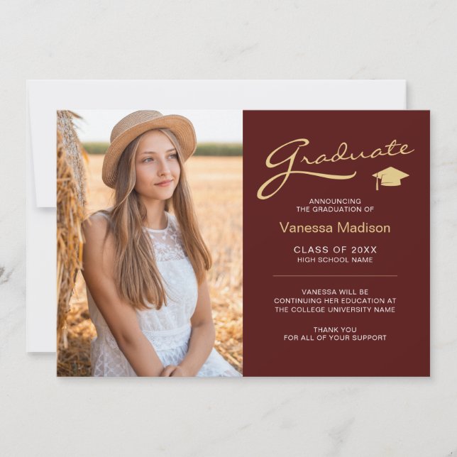 Modern Elegant Script Red Guld | 2 Photo Grad Meddelande (Framsida)