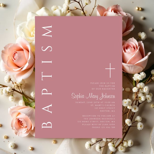 Modern Elegant Script Rosa Girls-baptism Inbjudningar (Modern Elegant Script Pink Girls Baptism Invitation)