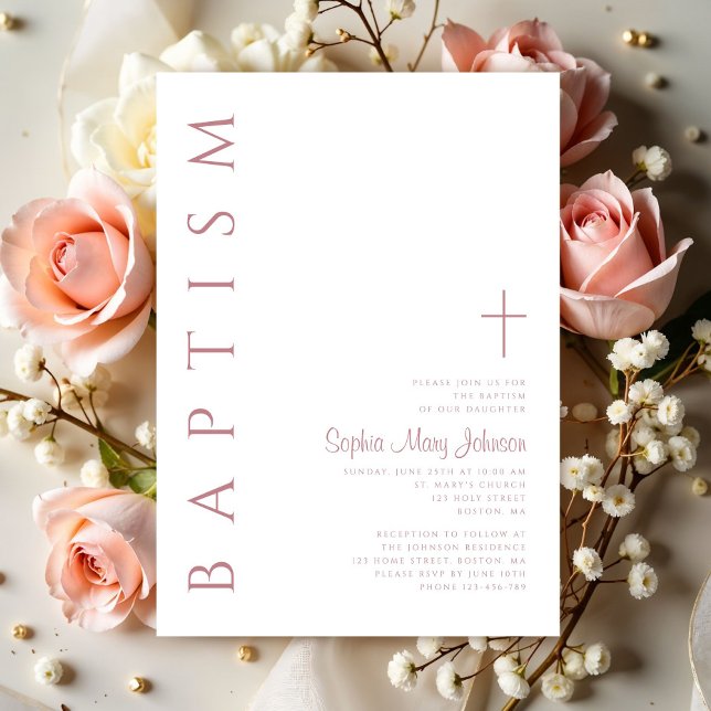 Modern Elegant Script Rosa Girls-baptism Inbjudningar (Modern Elegant Script Pink Girls Baptism Invitation)