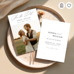 Modern Elegant Script Rustic Sunset Photo Bröllop Spara Datumet