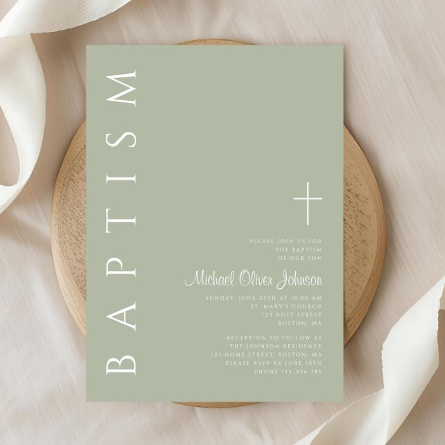 Modern Elegant Script Sage Grönt Baptism Inbjudningar (Modern Elegant Script Sage Green Baptism Invitation)