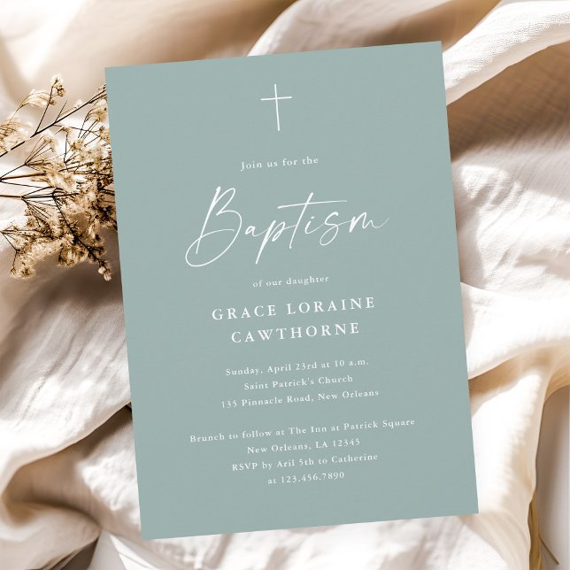 Modern Elegant Script Sage Grönt Baptism Inbjudningar (Modern elegant script sage green gender neutral baptism invitation.)