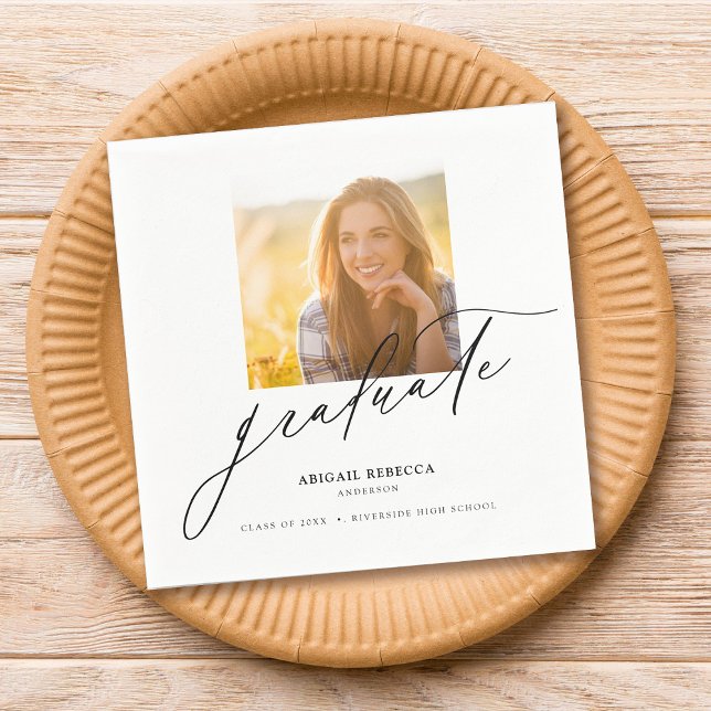 Modern Elegant Script Square Photo Studenten Pappersservett (Skapare uppladdad)