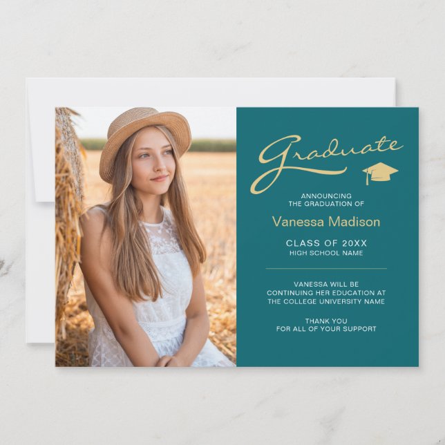 Modern Elegant Script Teal & Guld | 2 Photo Grad Meddelande (Framsida)