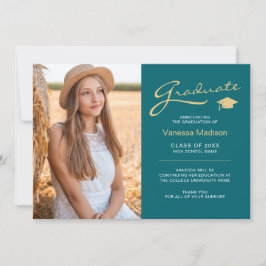 Modern Elegant Script Teal & Guld | 2 Photo Grad Meddelande