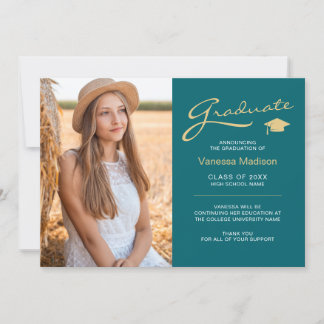 Modern Elegant Script Teal & Guld | 2 Photo Grad Meddelande