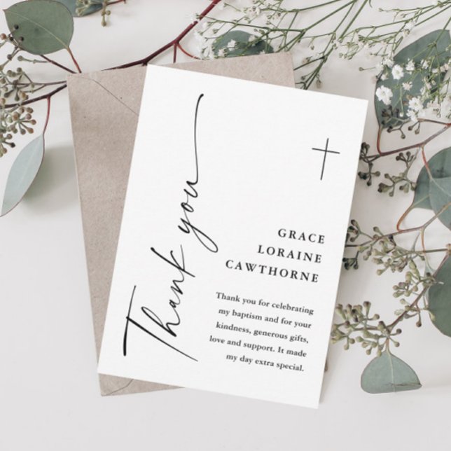 Modern Elegant Script White Baptism Tack Kort (Modern script black and white baptism thank you cards.)