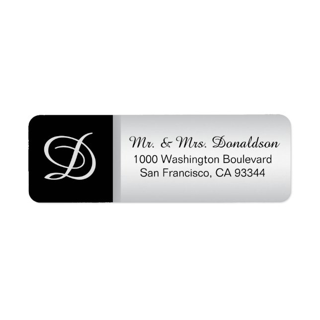 Modern Elegant Silver Black Monogram Initialer Returadress Etikett (Framsidan)