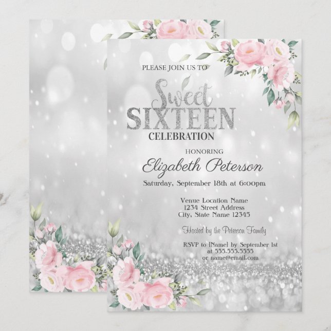 Modern Elegant Silver Bokeh Blommig  Sweet 16  Inbjudningar (Fram/baksida)