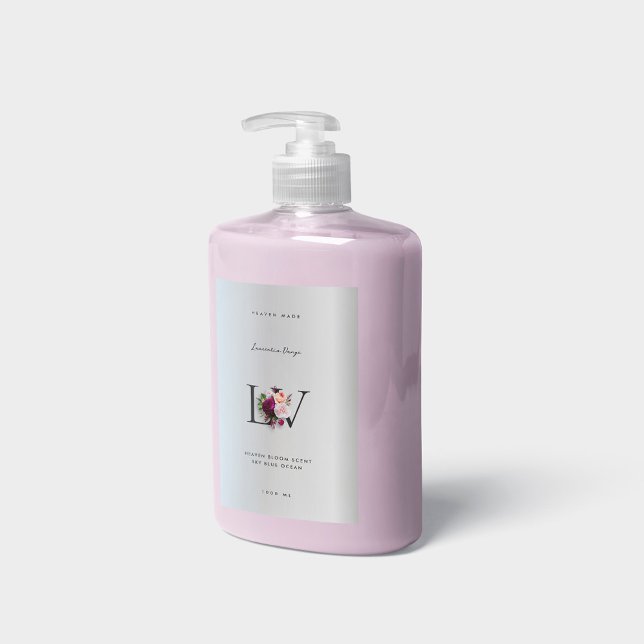 Modern Elegant Silver Bokstavsmonogram Blommig Ros Mat Etikett (Beauty)