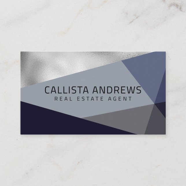 Modern Elegant Silver Dusty Navy Blue Geometric Visitkort (Framsida)