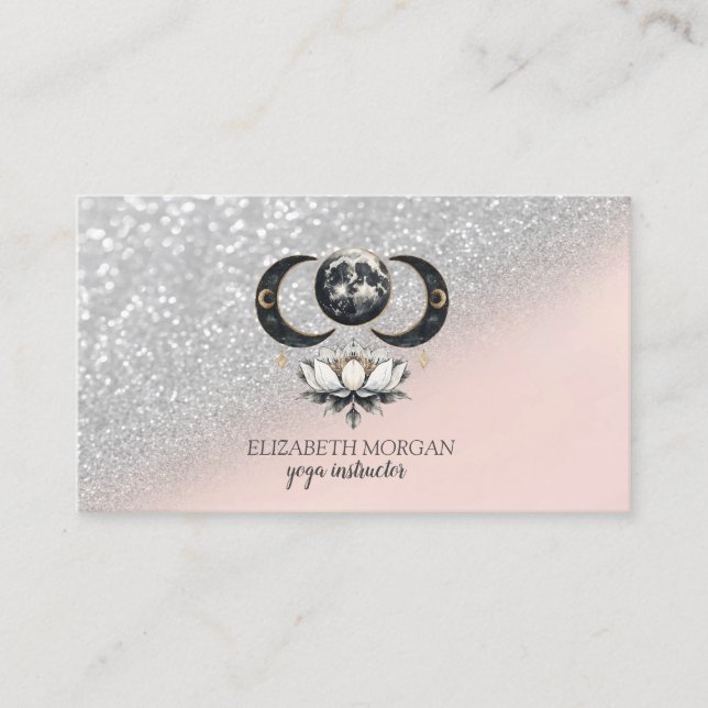 Modern Elegant Silver Glitter Bokeh Lotus Måne Visitkort (Framsida)
