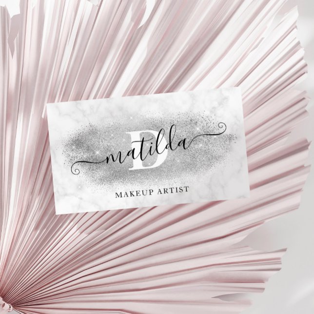 Modern elegant silver glitter marble makeup artist visitkort (Skapare uppladdad)