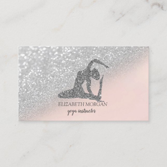 Modern Elegant Silver Glitter Yoga Girl Bokeh Visitkort (Framsida)