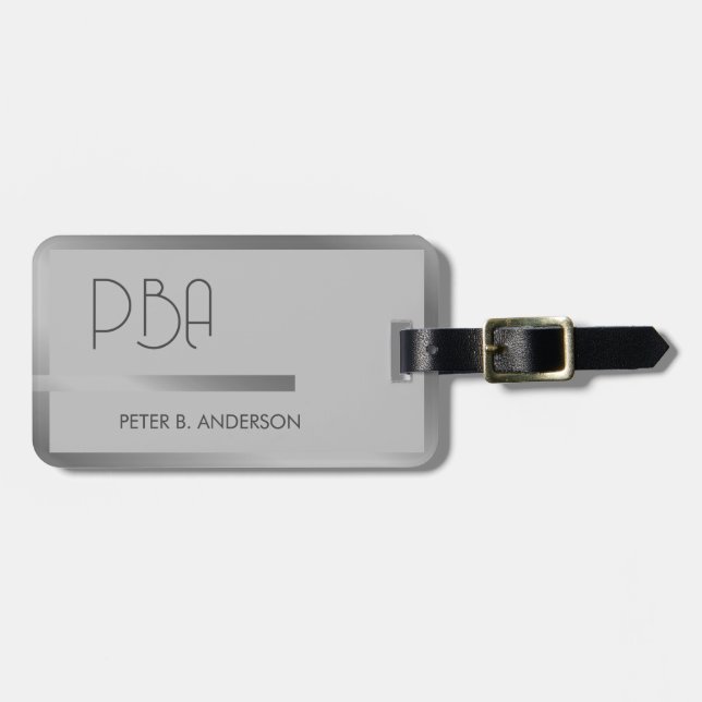 Modern Elegant Silver Metallic Mongramme Namn Bagagebricka (Horisontell Framsida)