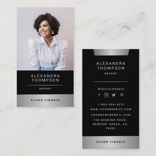 Modern Elegant Silver Rand Professionell Photo Visitkort (Fram/baksida)