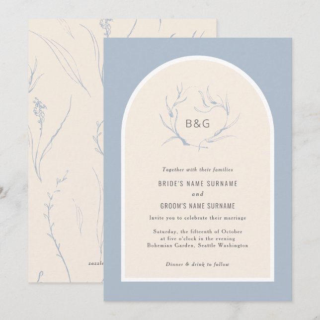 Modern Elegant Simple Arch Dusty Blue Bröllop Inbjudningar (Fram/baksida)