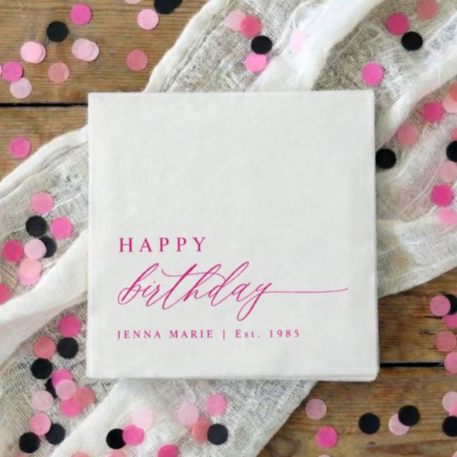 Modern Elegant Simple Pink Happy Birthday Pappersservett (Pink personalized happy birthday script party napkins - Modern, elegant and simple.)
