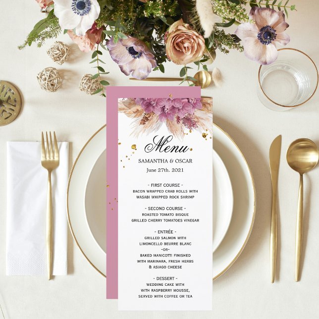 Modern Elegant Skönhet Rosa Orkidé & Pampas & Guld Meny (Skapare uppladdad)