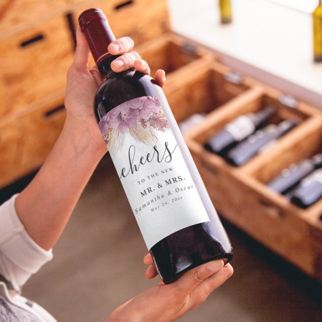 Modern Elegant Skönhet Rosa Orkidé & Pampas & Guld Vinflaska Etikett (Skapare uppladdad)