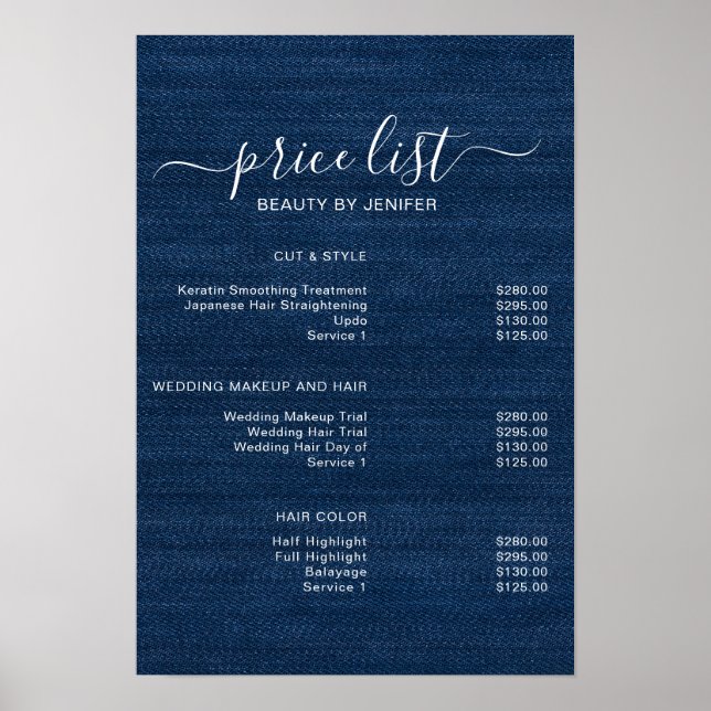 Modern Elegant Skönhetssalong prislista Poster (Framsidan)