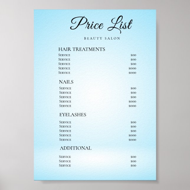 Modern Elegant Skönhetssalong Prislista Poster (Framsidan)