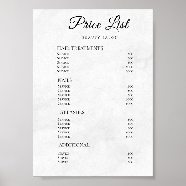 Modern Elegant Skönhetssalong Prislista Poster (Framsidan)