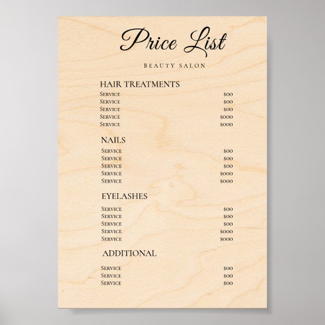 Modern Elegant Skönhetssalong Prislista Poster (Framsidan)
