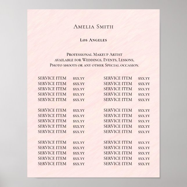 Modern Elegant Skönhetssalong Prislista Poster (Framsidan)