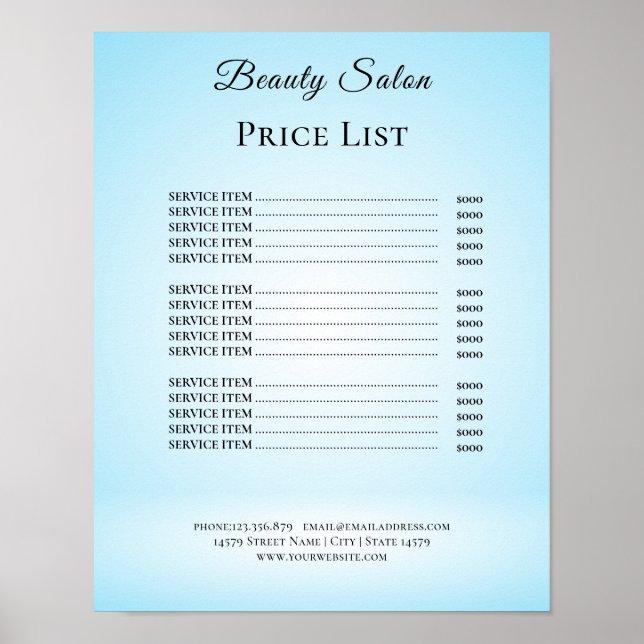 Modern Elegant Skönhetssalong Prislista Poster (Framsidan)