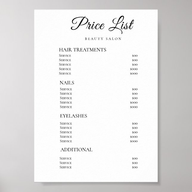 Modern Elegant Skönhetssalong Prislista Poster (Framsidan)