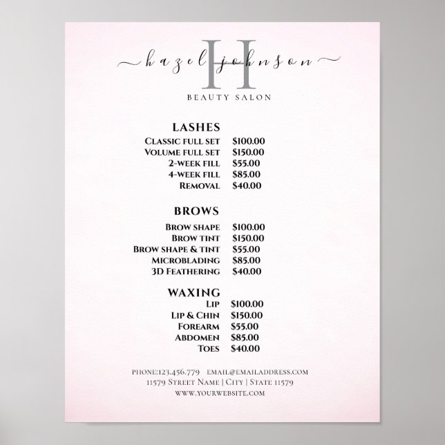 Modern Elegant Skönhetssalong Prislista Poster (Framsidan)