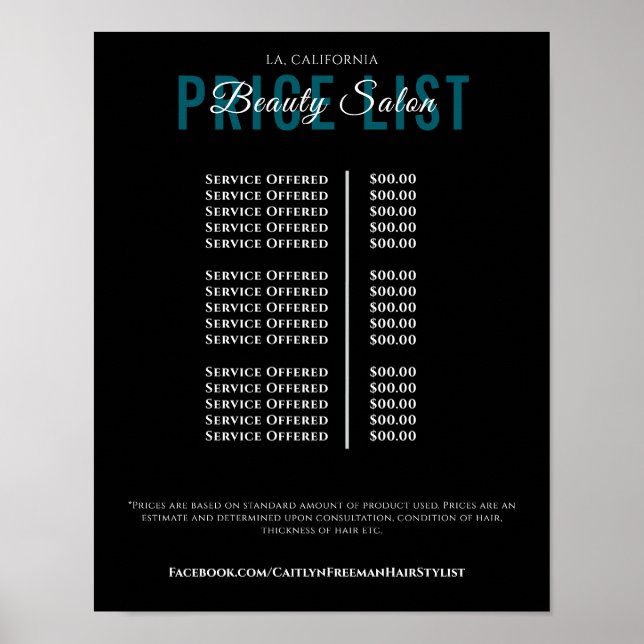 Modern Elegant Skönhetssalong Prislista Poster (Framsidan)