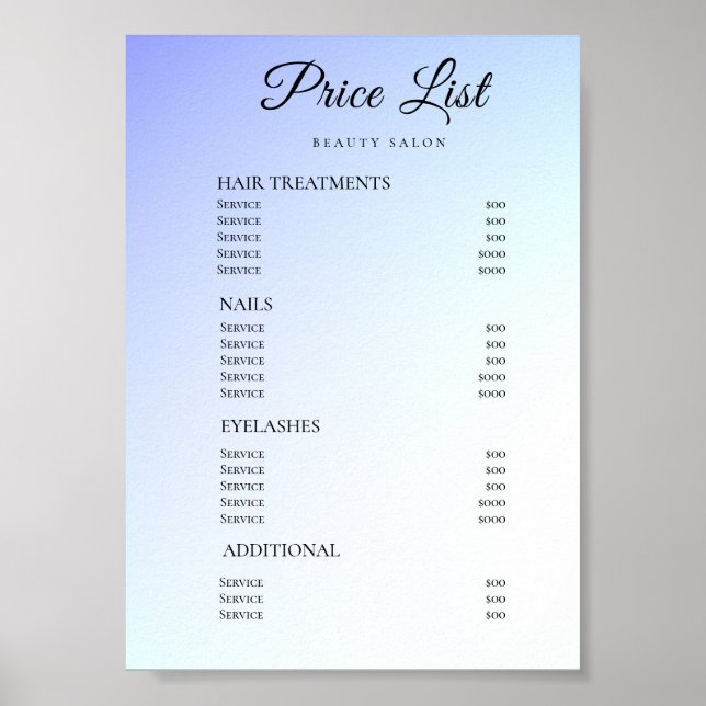 Modern Elegant Skönhetssalong Prislista Poster (Framsidan)