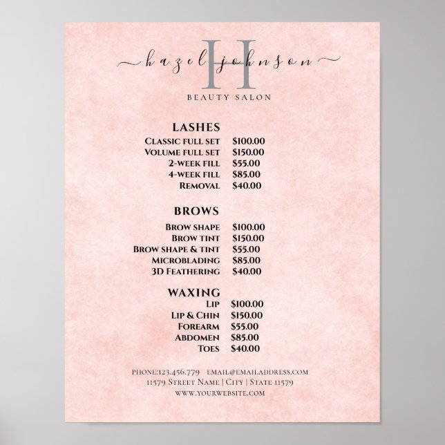 Modern Elegant Skönhetssalong Prislista Poster (Framsidan)