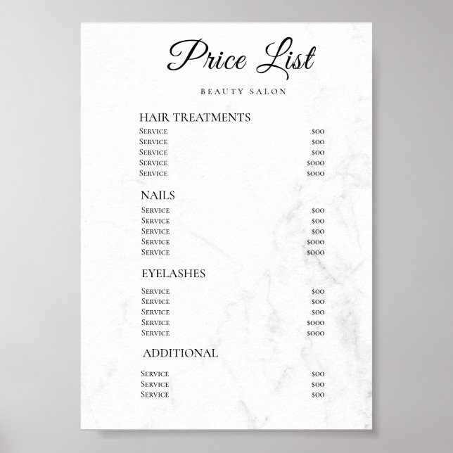 Modern Elegant Skönhetssalong Prislista Poster (Framsidan)