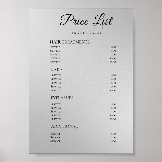 Modern Elegant Skönhetssalong Prislista Poster (Framsidan)