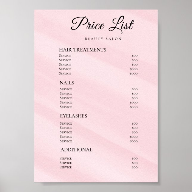Modern Elegant Skönhetssalong Prislista Poster (Framsidan)