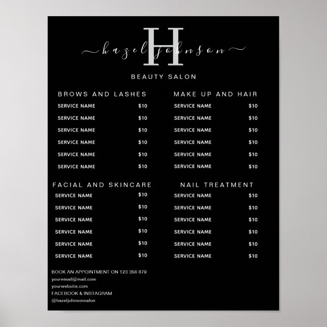 Modern Elegant Skönhetssalong Prislista Poster (Framsidan)