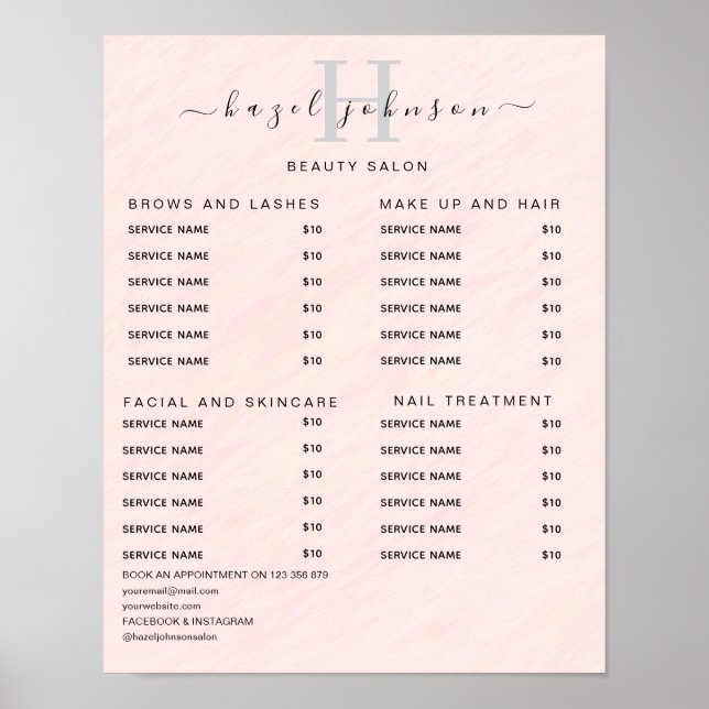 Modern Elegant Skönhetssalong Prislista Poster (Framsidan)