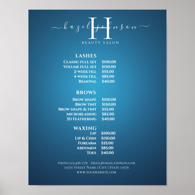 Modern Elegant Skönhetssalong Prislista Poster (Framsidan)