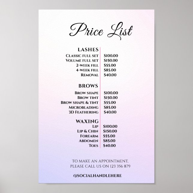 Modern Elegant Skönhetssalong Prislista Poster (Framsidan)