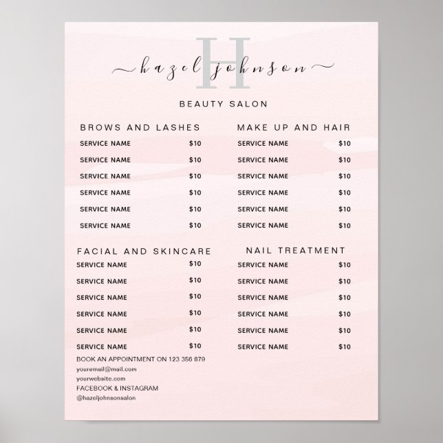 Modern Elegant Skönhetssalong Prislista Poster (Framsidan)